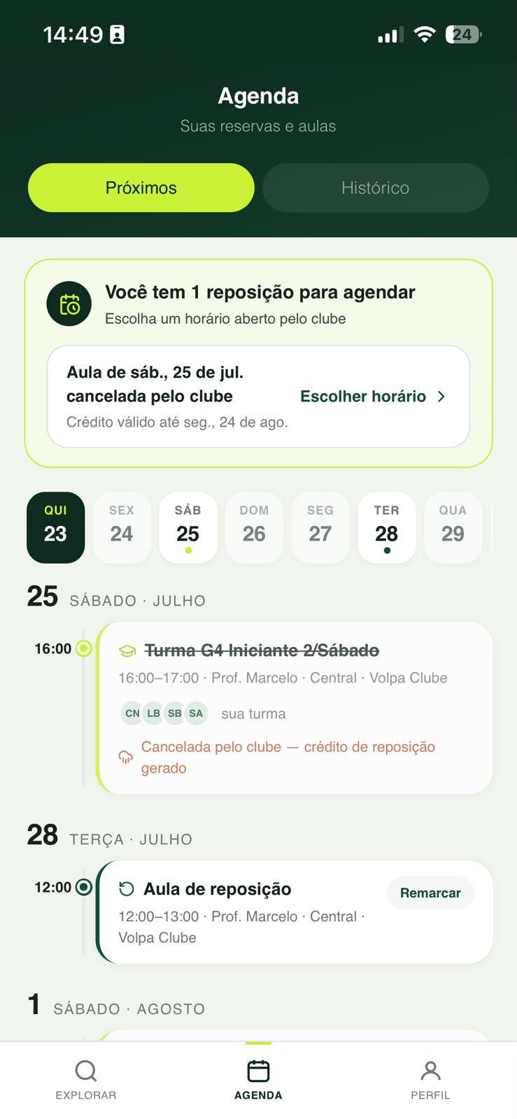 Agenda e reposições do aluno no app