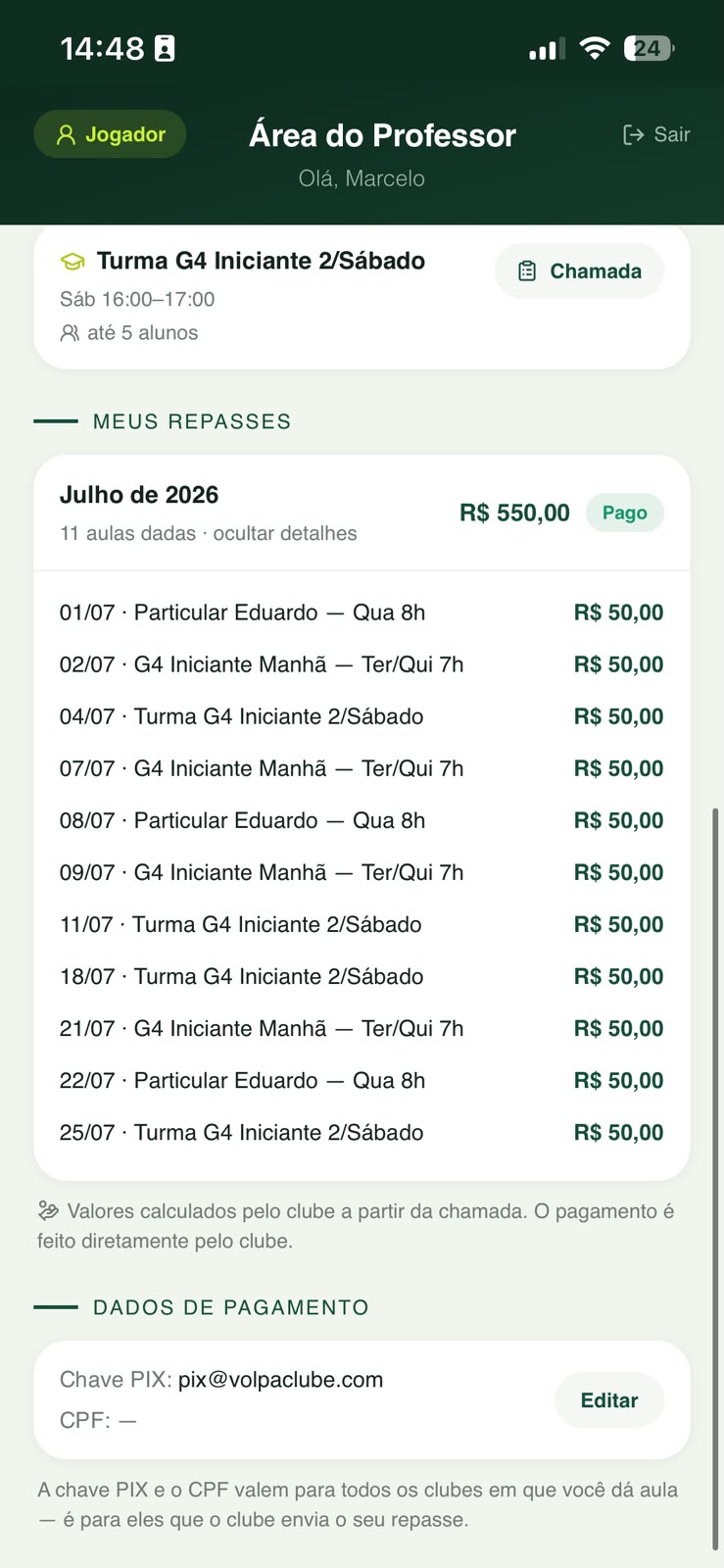 Repasses do professor no app